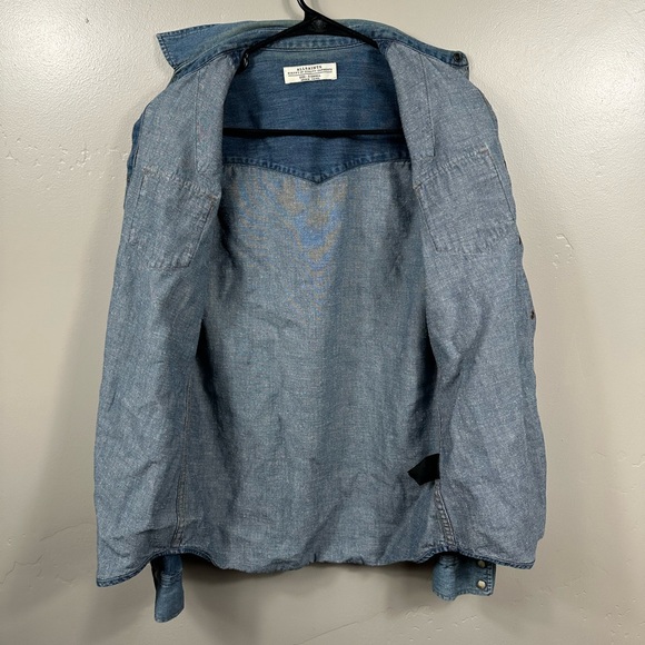 All Saints Men’s Denim Look Pearl Snap Button Up Long Sleeve Shirt Blue - XS - Picture 3 of 7